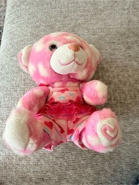Build-A-Bear Pink and Cream Heart Pattern Plush Bear with Ruffle Outfit